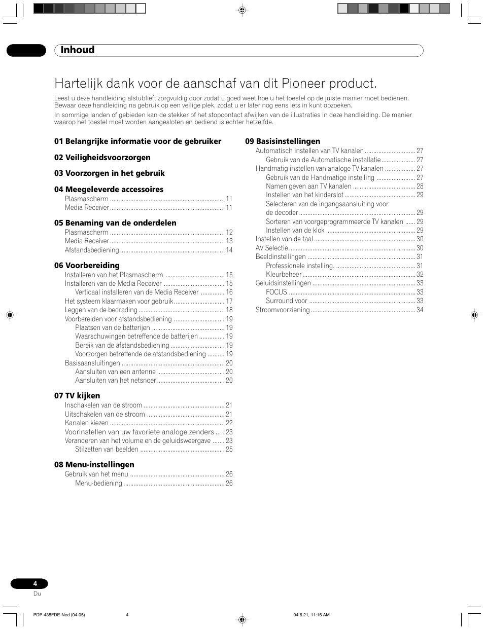Gebruiksaanwijzing, Inhoud | Pioneer PDP-505FDE User Manual | Page 50 / 140