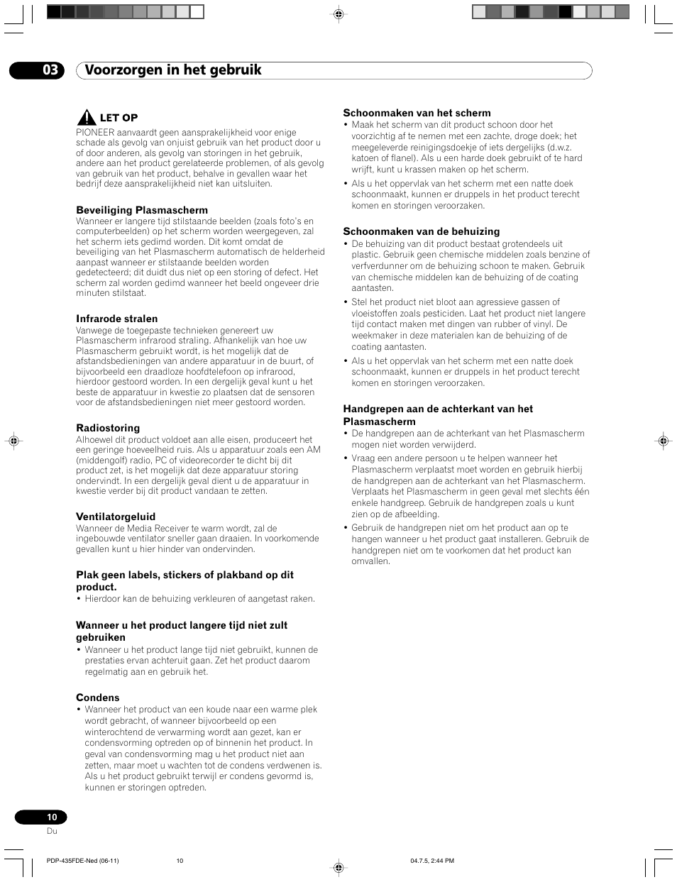 03 voorzorgen in het gebruik | Pioneer PDP-505FDE User Manual | Page 56 / 140