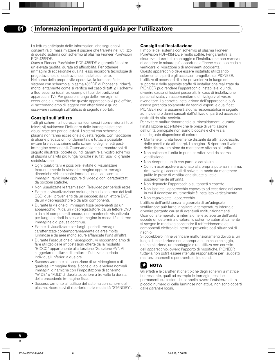 01 informazioni importanti di guida per, L’utilizzatore | Pioneer PDP-505FDE User Manual | Page 6 / 140