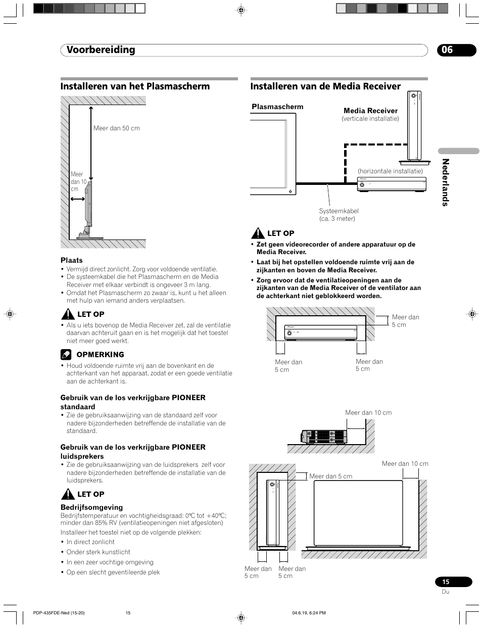 06 voorbereiding, Installeren van het plasmascherm, Installeren van de media receiver | Nederlands | Pioneer PDP-505FDE User Manual | Page 61 / 140