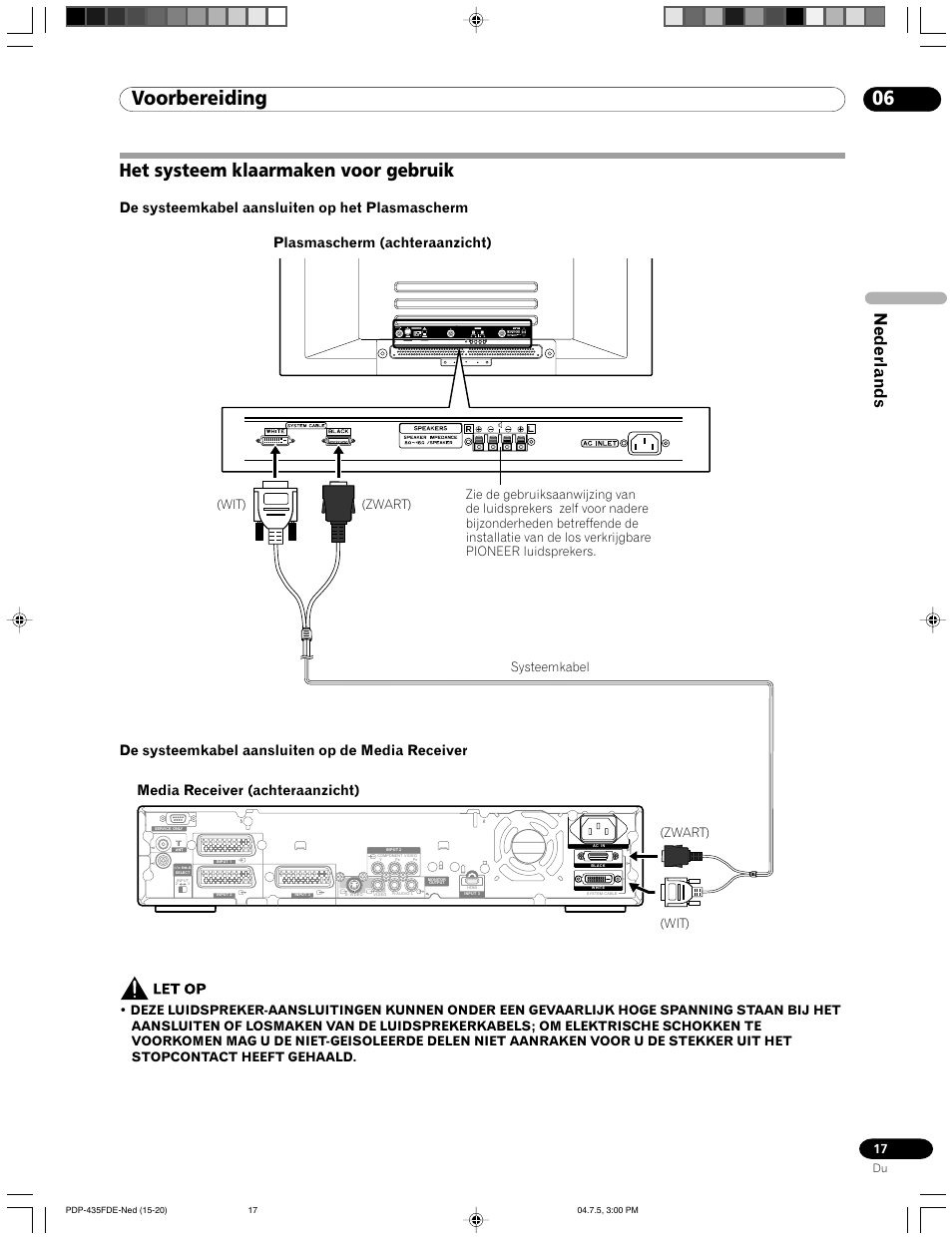 Het systeem klaarmaken voor gebruik, 06 voorbereiding, Nederlands | De systeemkabel aansluiten op het plasmascherm, De systeemkabel aansluiten op de media receiver, Plasmascherm (achteraanzicht), Media receiver (achteraanzicht), Wit) (zwart) systeemkabel, Wit) (zwart) | Pioneer PDP-505FDE User Manual | Page 63 / 140