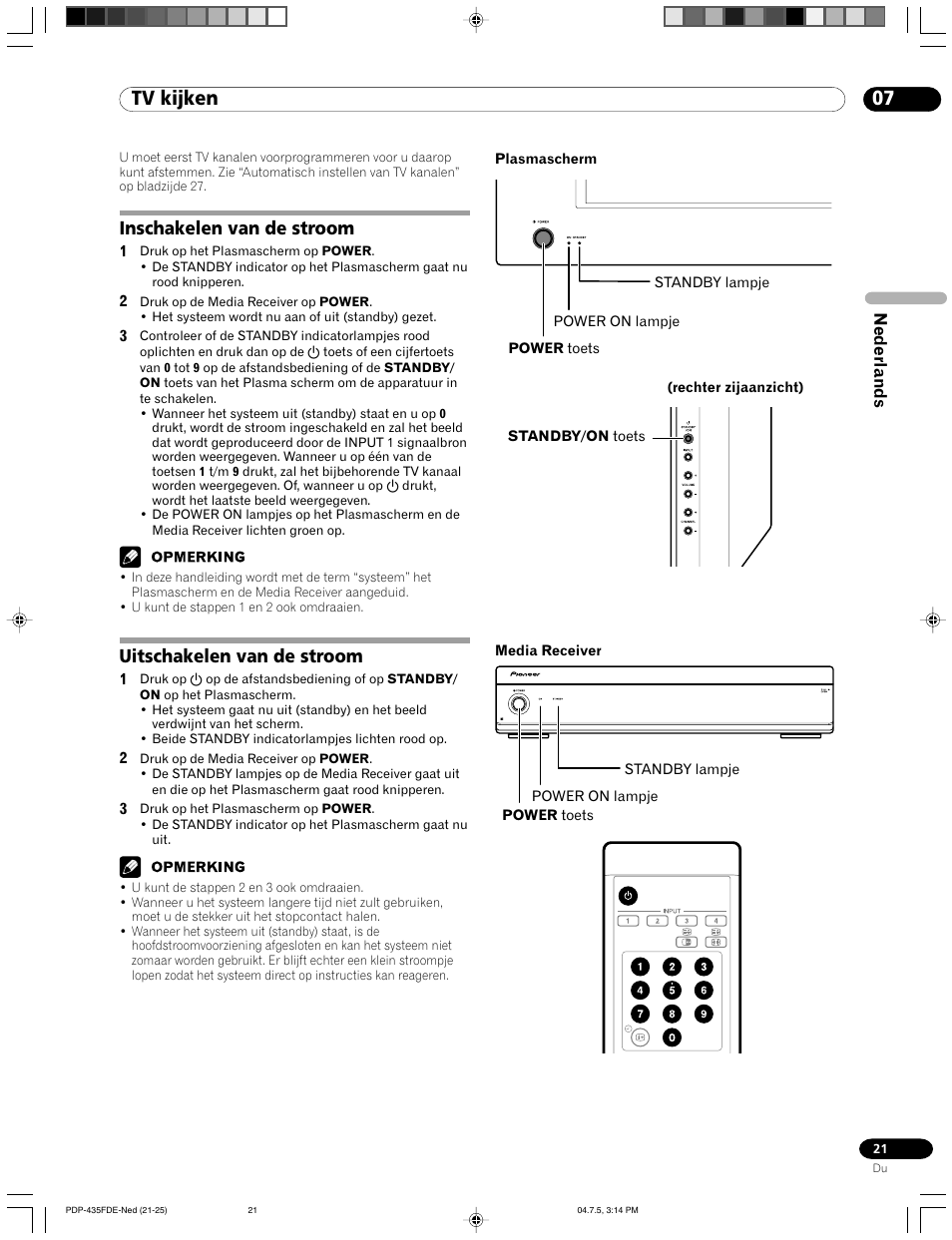 07 tv kijken, Inschakelen van de stroom, Uitschakelen van de stroom | Pioneer PDP-505FDE User Manual | Page 67 / 140