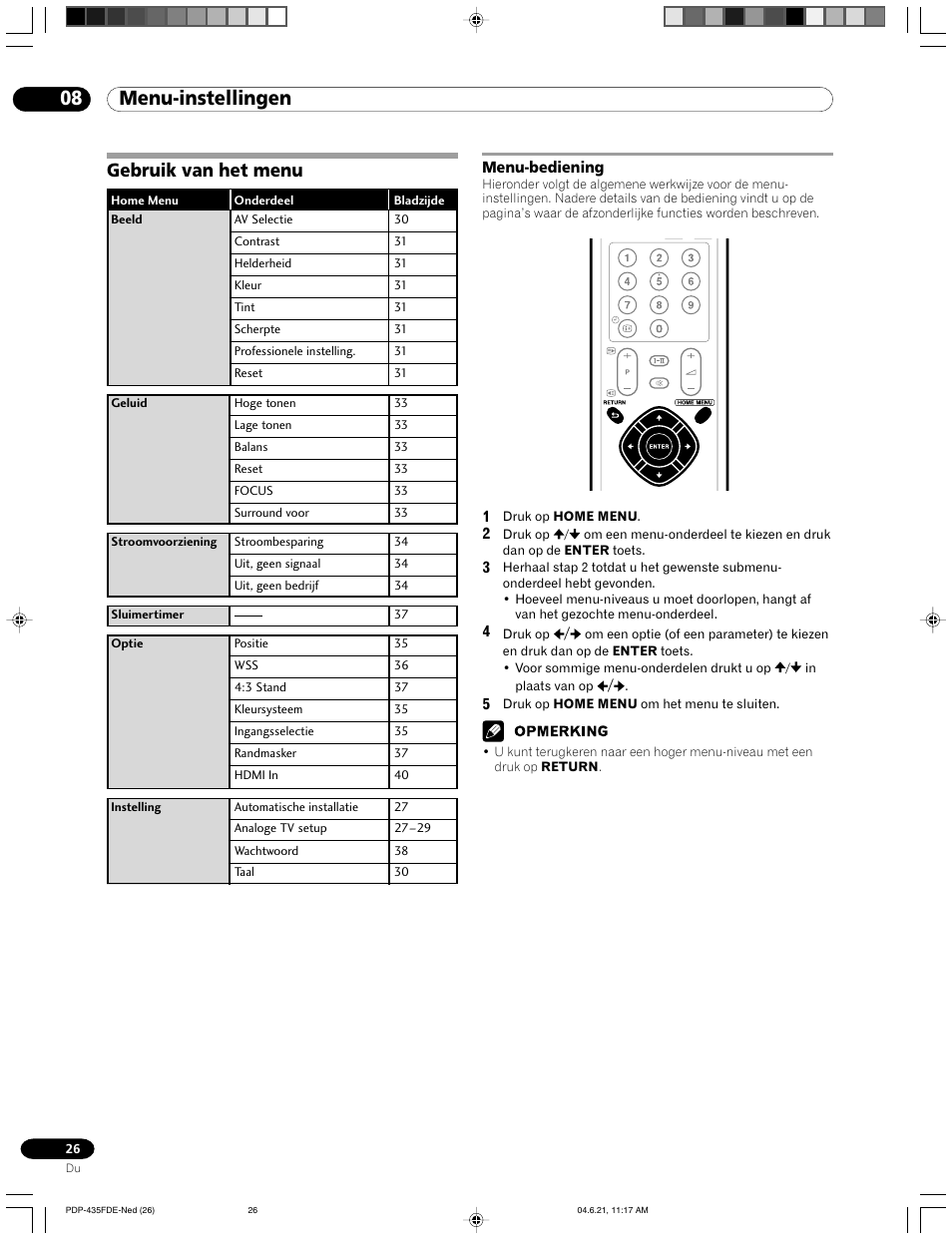 08 menu-instellingen, Gebruik van het menu, Menu-bediening | Pioneer PDP-505FDE User Manual | Page 72 / 140