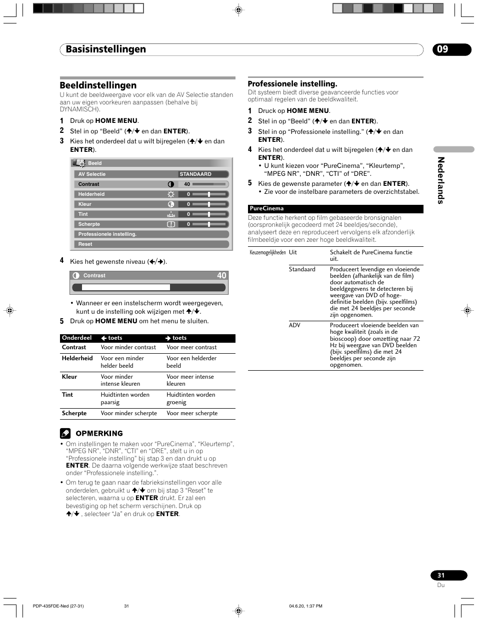 Beeldinstellingen, Professionele instelling, 09 basisinstellingen | Nederlands | Pioneer PDP-505FDE User Manual | Page 77 / 140