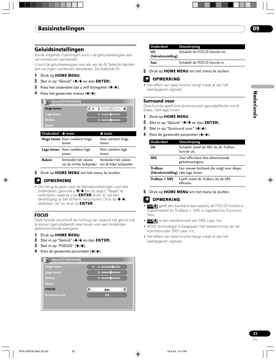 Geluidsinstellingen, Focus surround voor, 09 basisinstellingen | Nederlands | Pioneer PDP-505FDE User Manual | Page 79 / 140