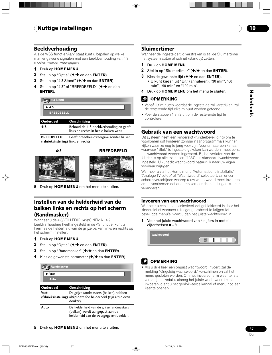 Invoeren van een wachtwoord, 10 nuttige instellingen, Beeldverhouding | Sluimertimer, Gebruik van een wachtwoord, Nederlands | Pioneer PDP-505FDE User Manual | Page 83 / 140