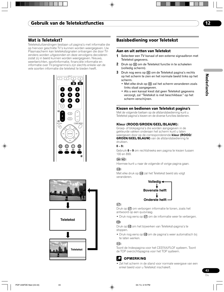 12 gebruik van de teletekstfuncties, Wat is teletekst? basisbediening voor teletekst, Wat is teletekst | Basisbediening voor teletekst, Nederlands | Pioneer PDP-505FDE User Manual | Page 89 / 140