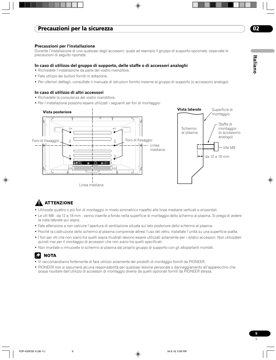 02 precauzioni per la sicurezza, Italiano | Pioneer PDP-505FDE User Manual | Page 9 / 140