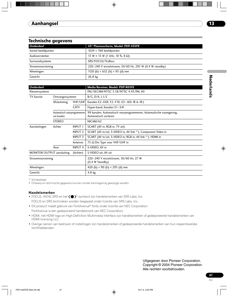 Technische gegevens, Aanhangsel, Nederlands | Pioneer PDP-505FDE User Manual | Page 93 / 140
