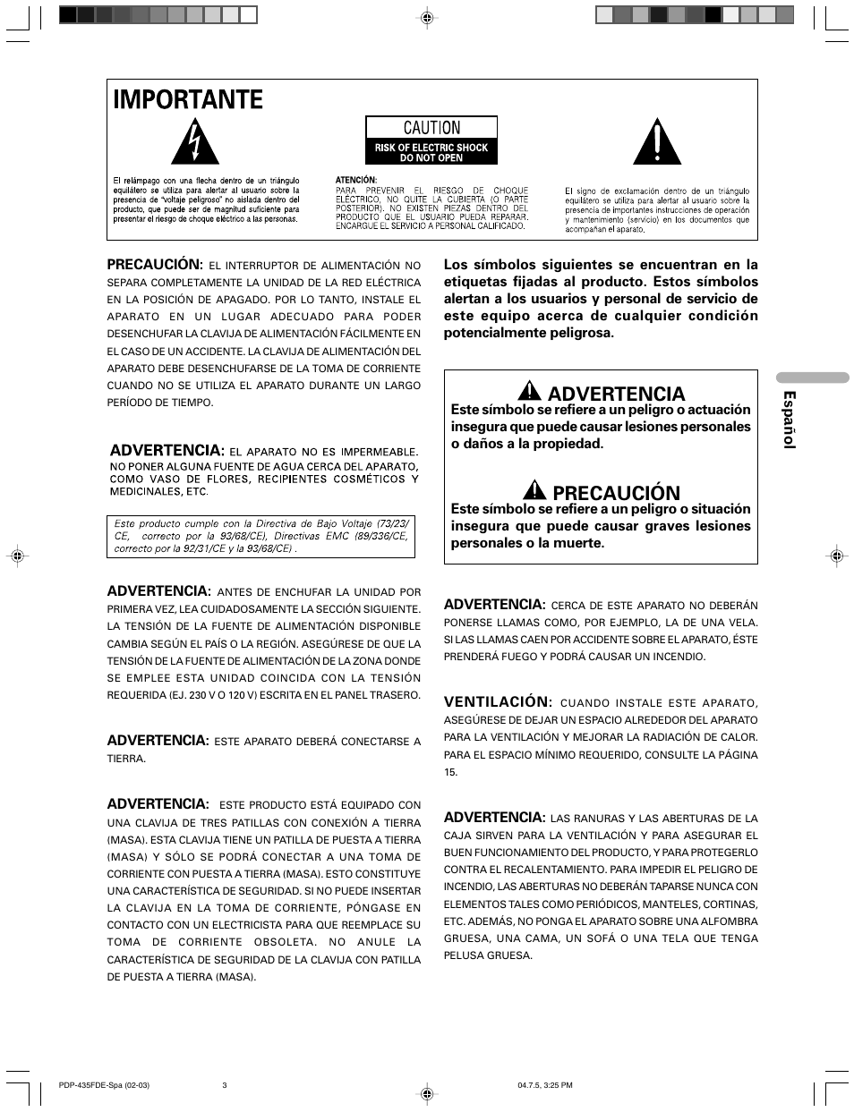Advertencia, Precaución, Español | Pioneer PDP-505FDE User Manual | Page 95 / 140