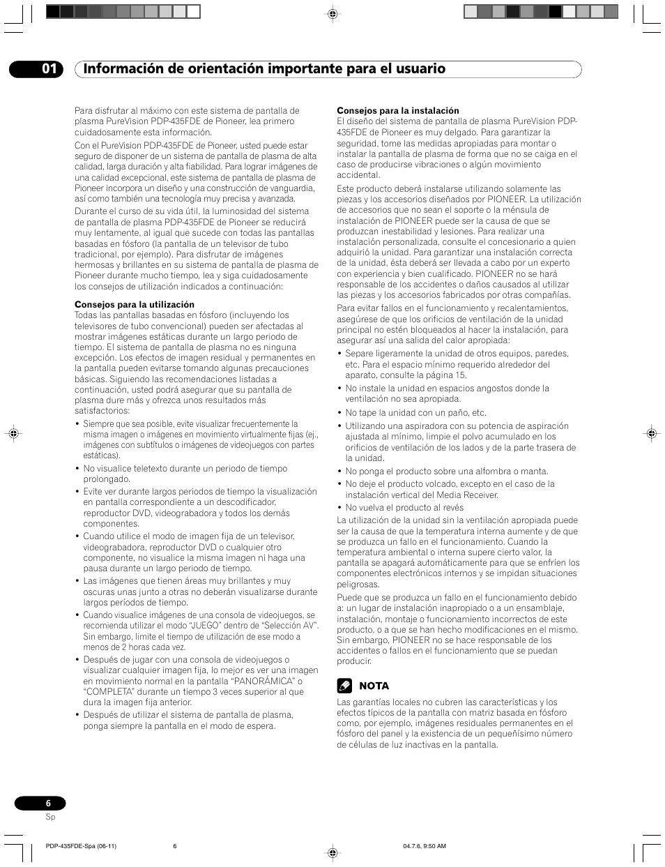 01 información de orientación importante, Para el usuario | Pioneer PDP-505FDE User Manual | Page 98 / 140