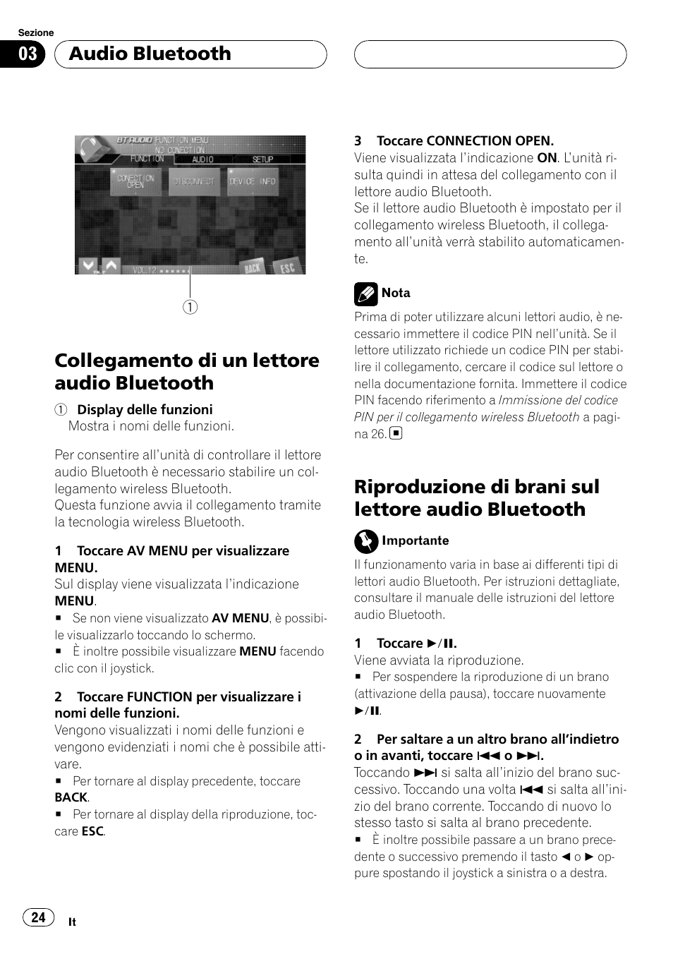 Collegamento di un lettore audio, Bluetooth, Riproduzione di brani sul lettore audio | Collegamento di un lettore audio bluetooth, Riproduzione di brani sul lettore audio bluetooth, Audio bluetooth | Pioneer CD-BTB100 User Manual | Page 24 / 137