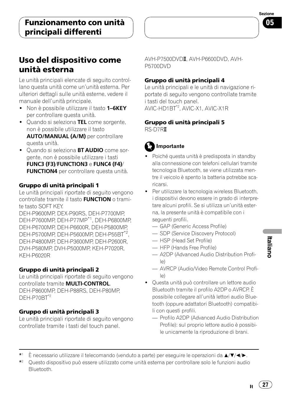 Uso del dispositivo come unità esterna, Funzionamento con unità principali differenti | Pioneer CD-BTB100 User Manual | Page 27 / 137