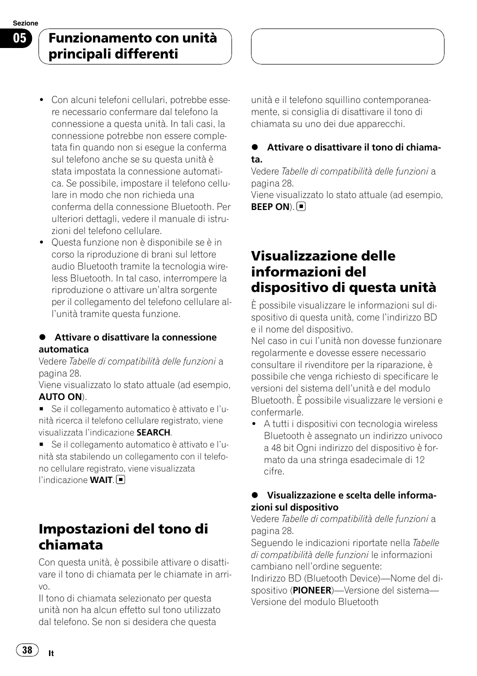 Impostazioni del tono di chiamata, Visualizzazione delle informazioni del, Dispositivo di questa unità | Funzionamento con unità principali differenti | Pioneer CD-BTB100 User Manual | Page 38 / 137