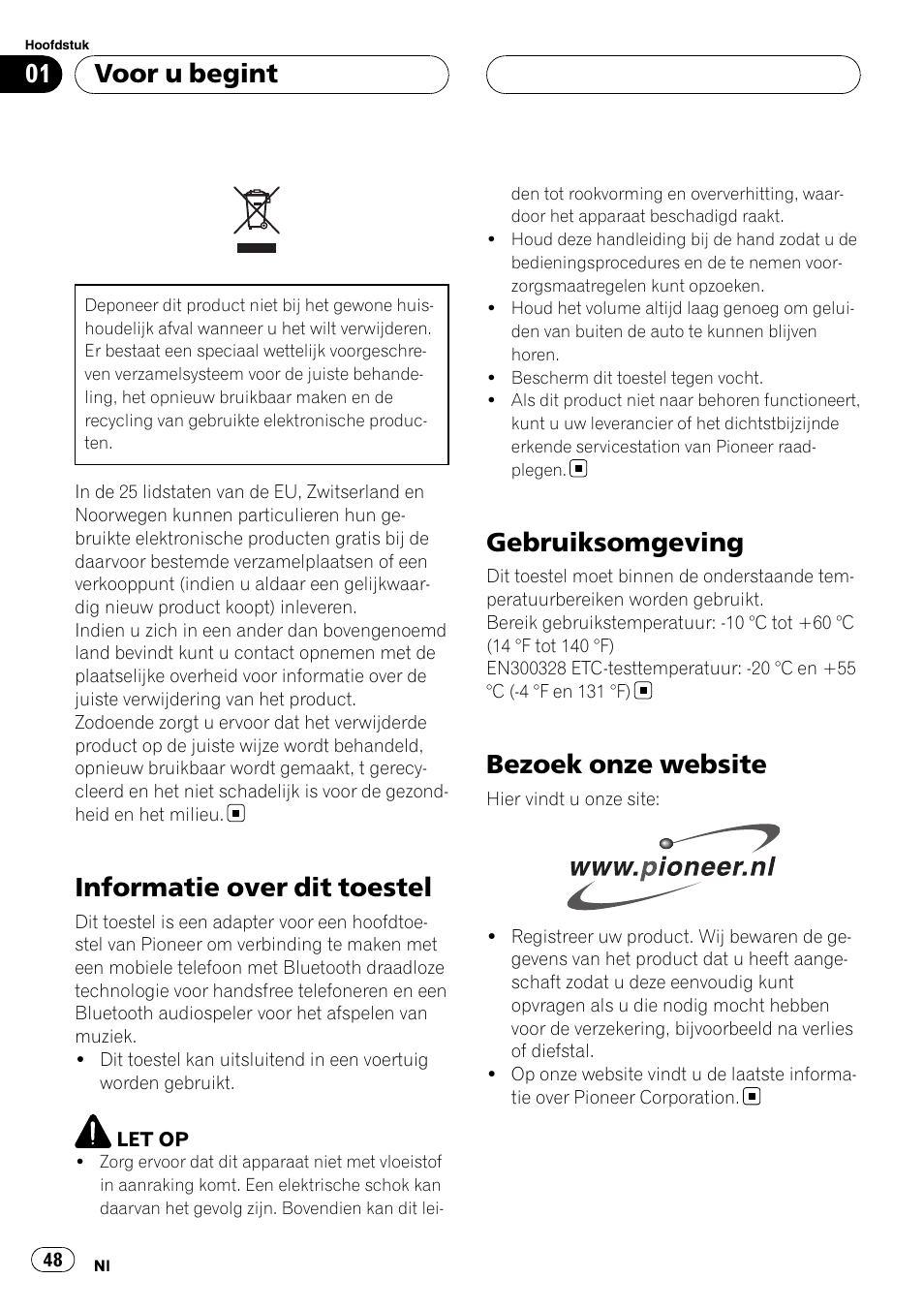 Voor u begint, Informatie over dit toestel, Gebruiksomgeving | Bezoek onze website | Pioneer CD-BTB100 User Manual | Page 48 / 137