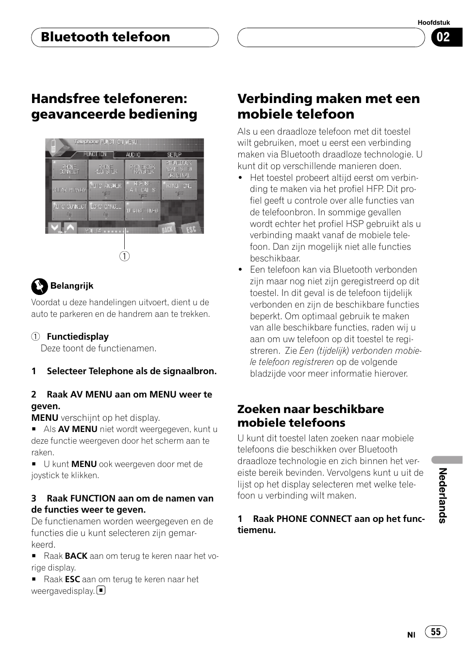 Handsfree telefoneren: geavanceerde, Bediening, Verbinding maken met een mobiele | Telefoon, Zoeken naar beschikbare mobiele, Telefoons, Handsfree telefoneren: geavanceerde bediening, Verbinding maken met een mobiele telefoon, Bluetooth telefoon | Pioneer CD-BTB100 User Manual | Page 55 / 137