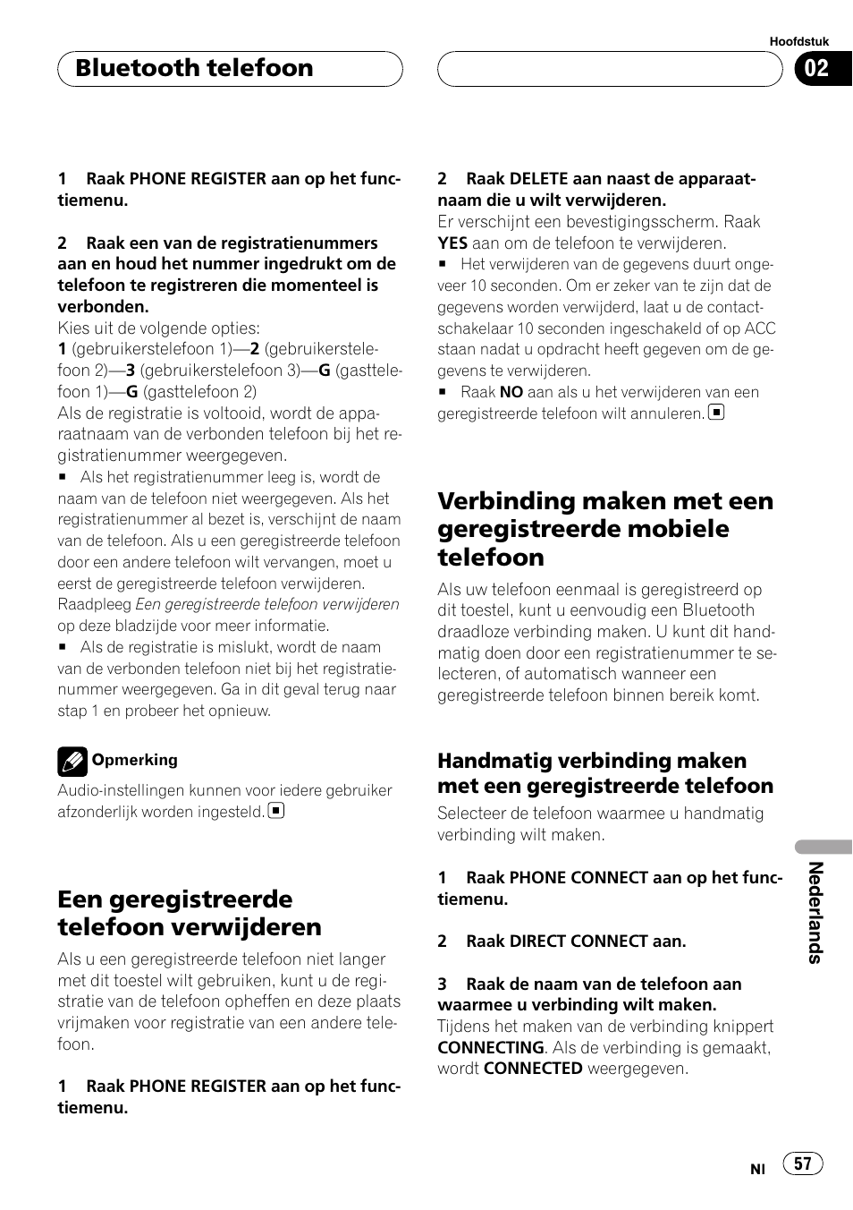 Een geregistreerde telefoon verwijderen, Verbinding maken met een geregistreerde, Mobiele telefoon | Handmatig verbinding maken met een, Geregistreerde telefoon, Bluetooth telefoon | Pioneer CD-BTB100 User Manual | Page 57 / 137
