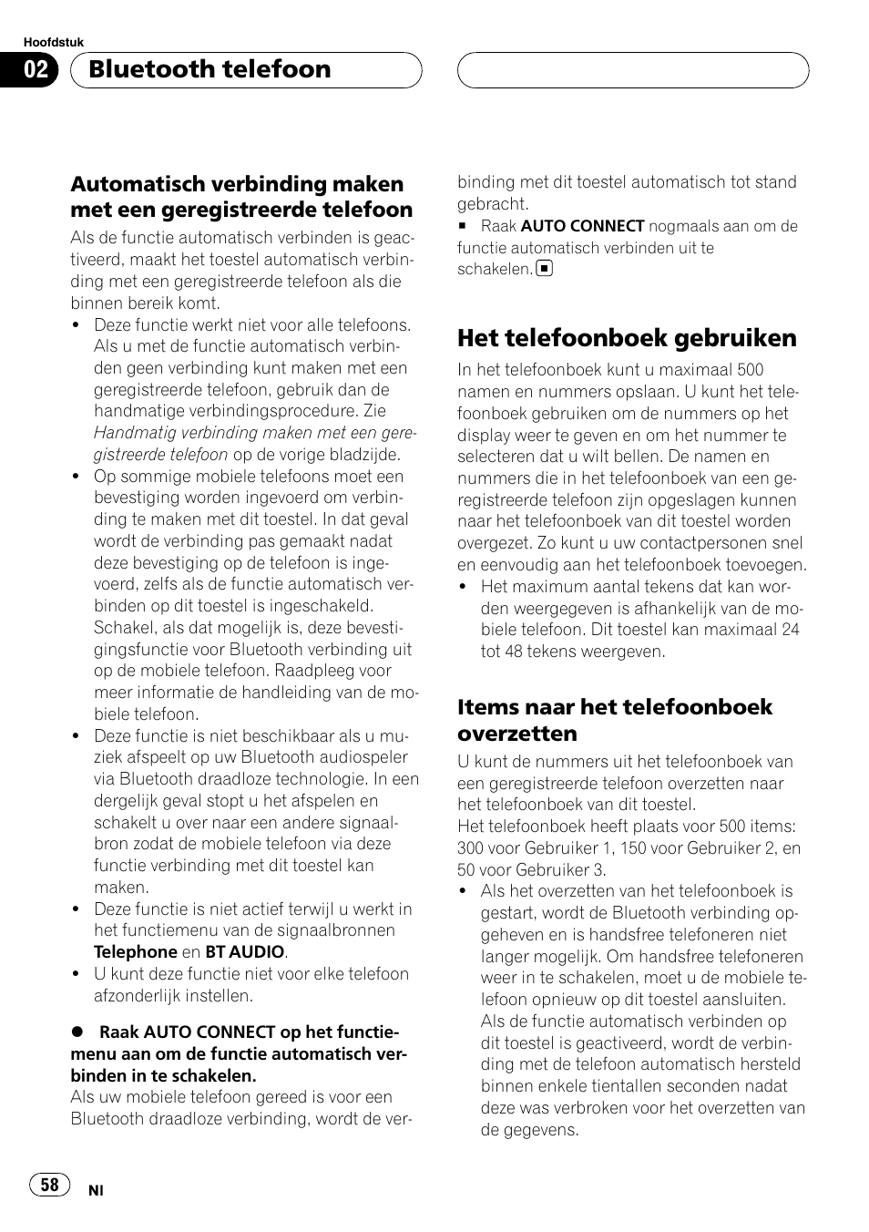 Automatisch verbinding maken met, Een geregistreerde telefoon, Het telefoonboek gebruiken | Items naar het telefoonboek, Overzetten, Bluetooth telefoon | Pioneer CD-BTB100 User Manual | Page 58 / 137