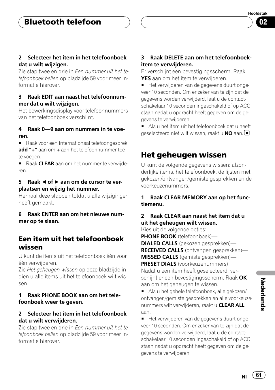 Een item uit het telefoonboek, Wissen, Het geheugen wissen | Bluetooth telefoon, Een item uit het telefoonboek wissen | Pioneer CD-BTB100 User Manual | Page 61 / 137
