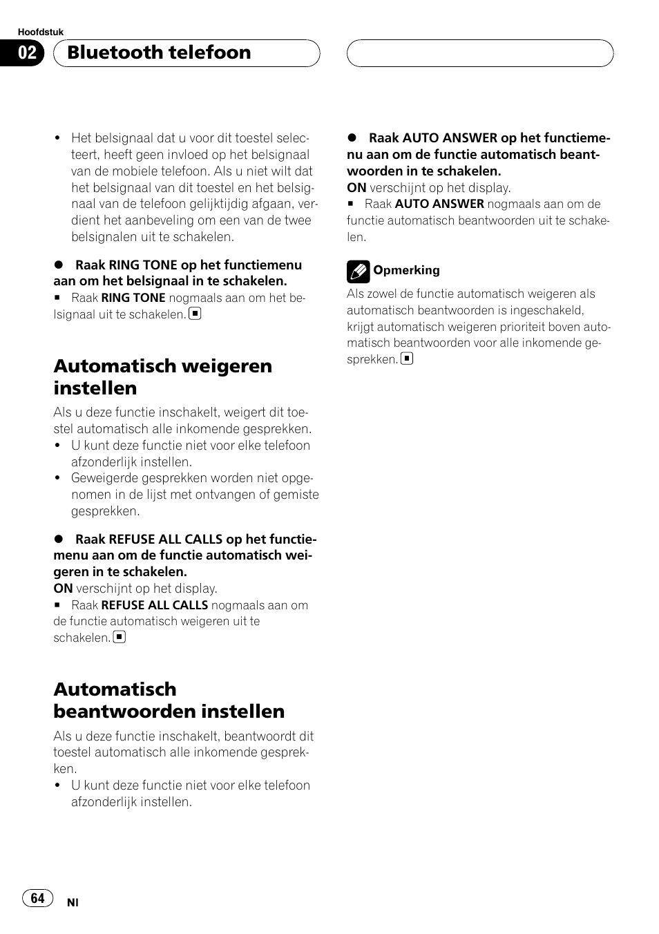 Automatisch weigeren instellen, Automatisch beantwoorden instellen, Bluetooth telefoon | Pioneer CD-BTB100 User Manual | Page 64 / 137