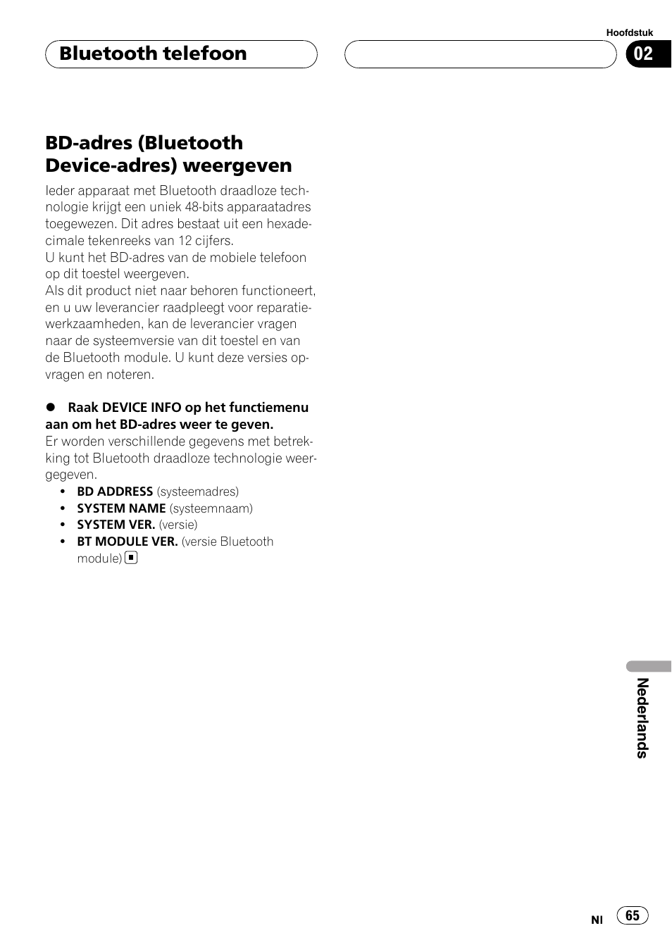 Bd-adres (bluetooth device-adres), Weergeven, Bd-adres (bluetooth device-adres) weergeven | Bluetooth telefoon | Pioneer CD-BTB100 User Manual | Page 65 / 137