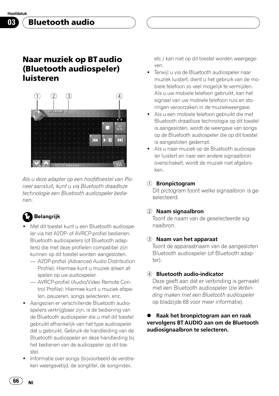 Bluetooth audio naar muziek op bt audio (bluetooth, Audiospeler) luisteren, Bluetooth audio | Pioneer CD-BTB100 User Manual | Page 66 / 137