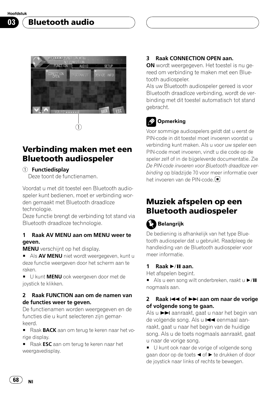 Verbinding maken met een bluetooth, Audiospeler, Muziek afspelen op een bluetooth | Verbinding maken met een bluetooth audiospeler, Muziek afspelen op een bluetooth audiospeler, Bluetooth audio | Pioneer CD-BTB100 User Manual | Page 68 / 137