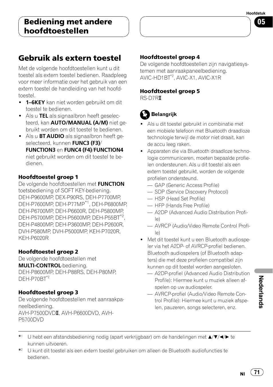 Gebruik als extern toestel, Bediening met andere hoofdtoestellen | Pioneer CD-BTB100 User Manual | Page 71 / 137