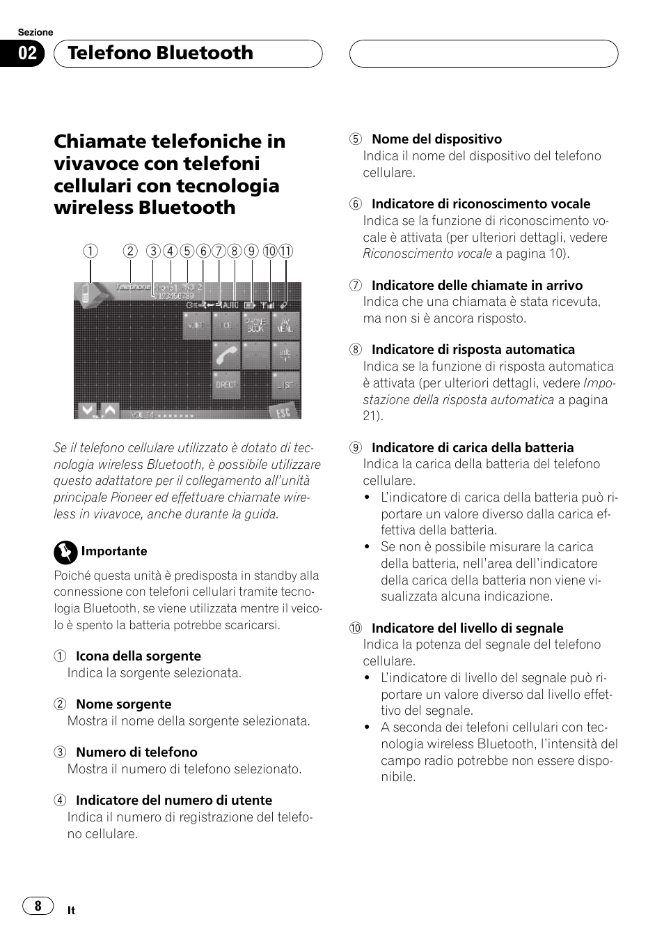 Cellulari con tecnologia wireless bluetooth, Telefono bluetooth | Pioneer CD-BTB100 User Manual | Page 8 / 137