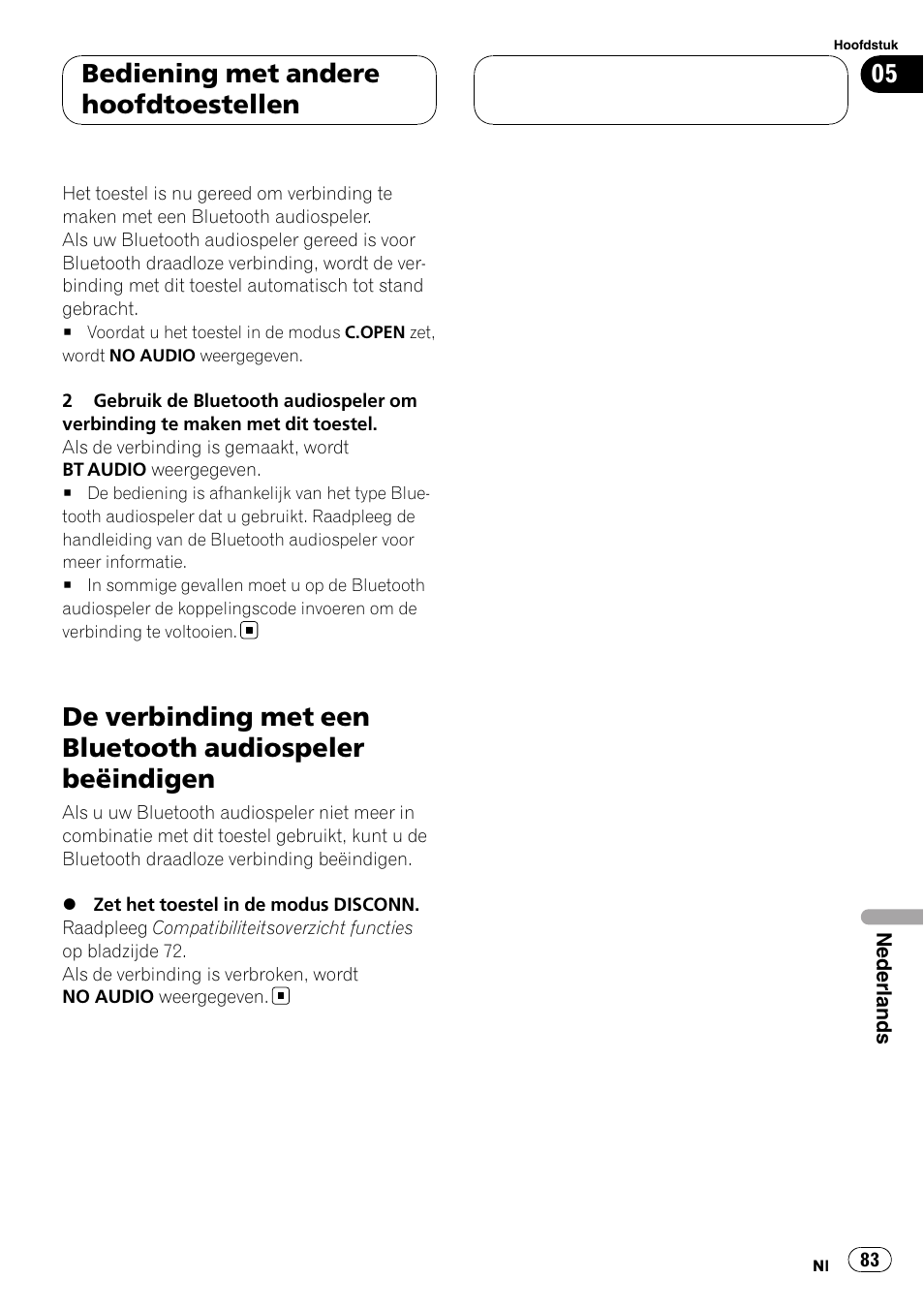 De verbinding met een bluetooth audiospeler, Beëindigen, Bediening met andere hoofdtoestellen | Pioneer CD-BTB100 User Manual | Page 83 / 137