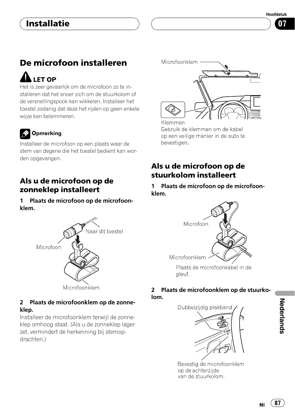 De microfoon installeren, Als u de microfoon op de zonneklep, Installeert | Als u de microfoon op de stuurkolom, Installatie | Pioneer CD-BTB100 User Manual | Page 87 / 137