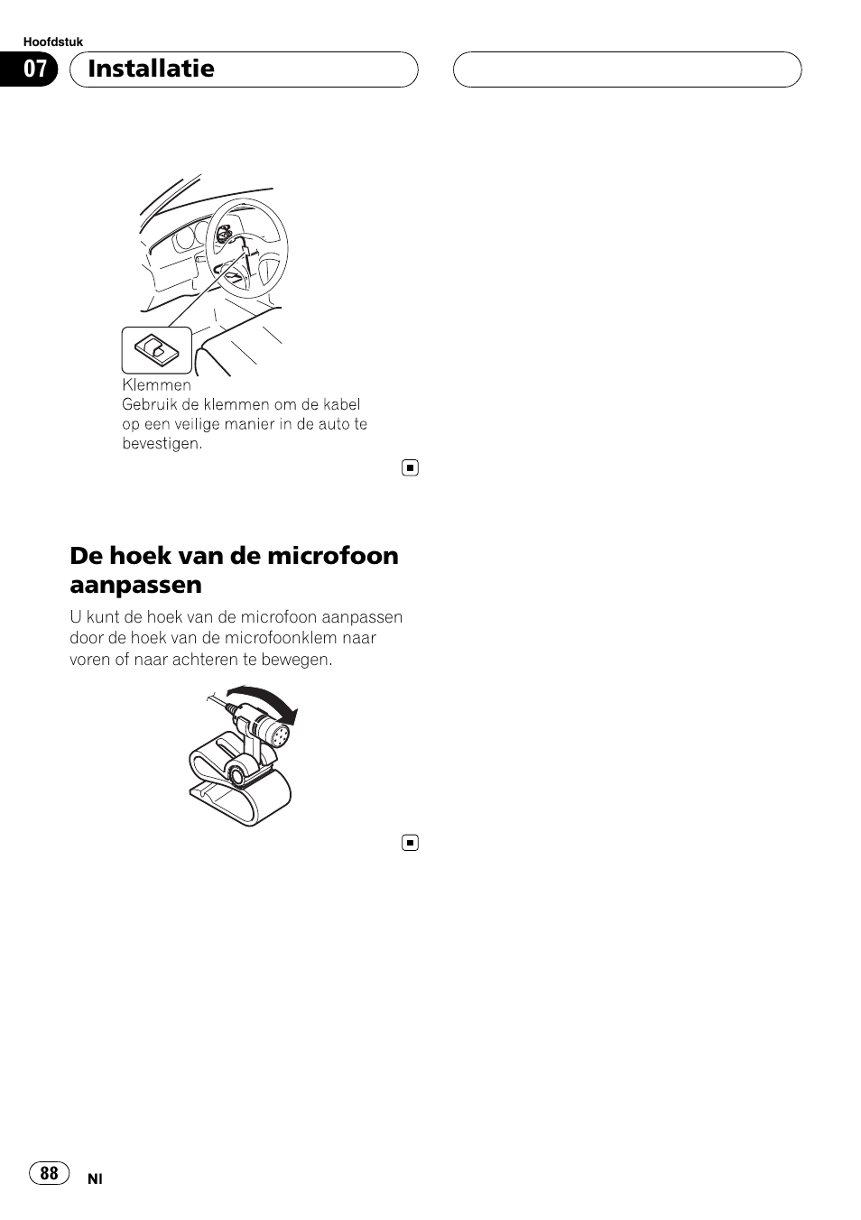 De hoek van de microfoon aanpassen, Installatie | Pioneer CD-BTB100 User Manual | Page 88 / 137