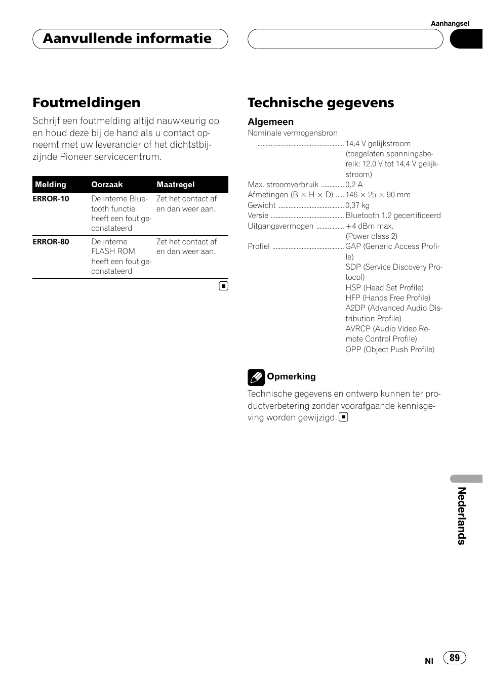 Aanvullende informatie foutmeldingen, Technische gegevens, Foutmeldingen | Aanvullende informatie, Nederlands | Pioneer CD-BTB100 User Manual | Page 89 / 137