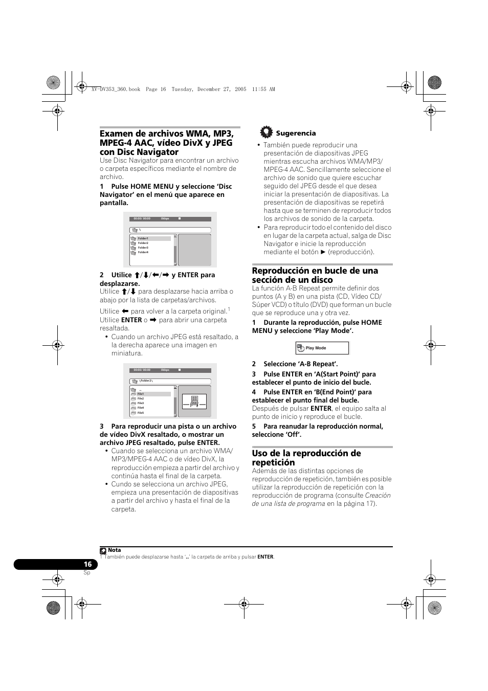 Reproducción en bucle de una sección de un disco, Uso de la reproducción de repetición | Pioneer DCS-360 User Manual | Page 100 / 128