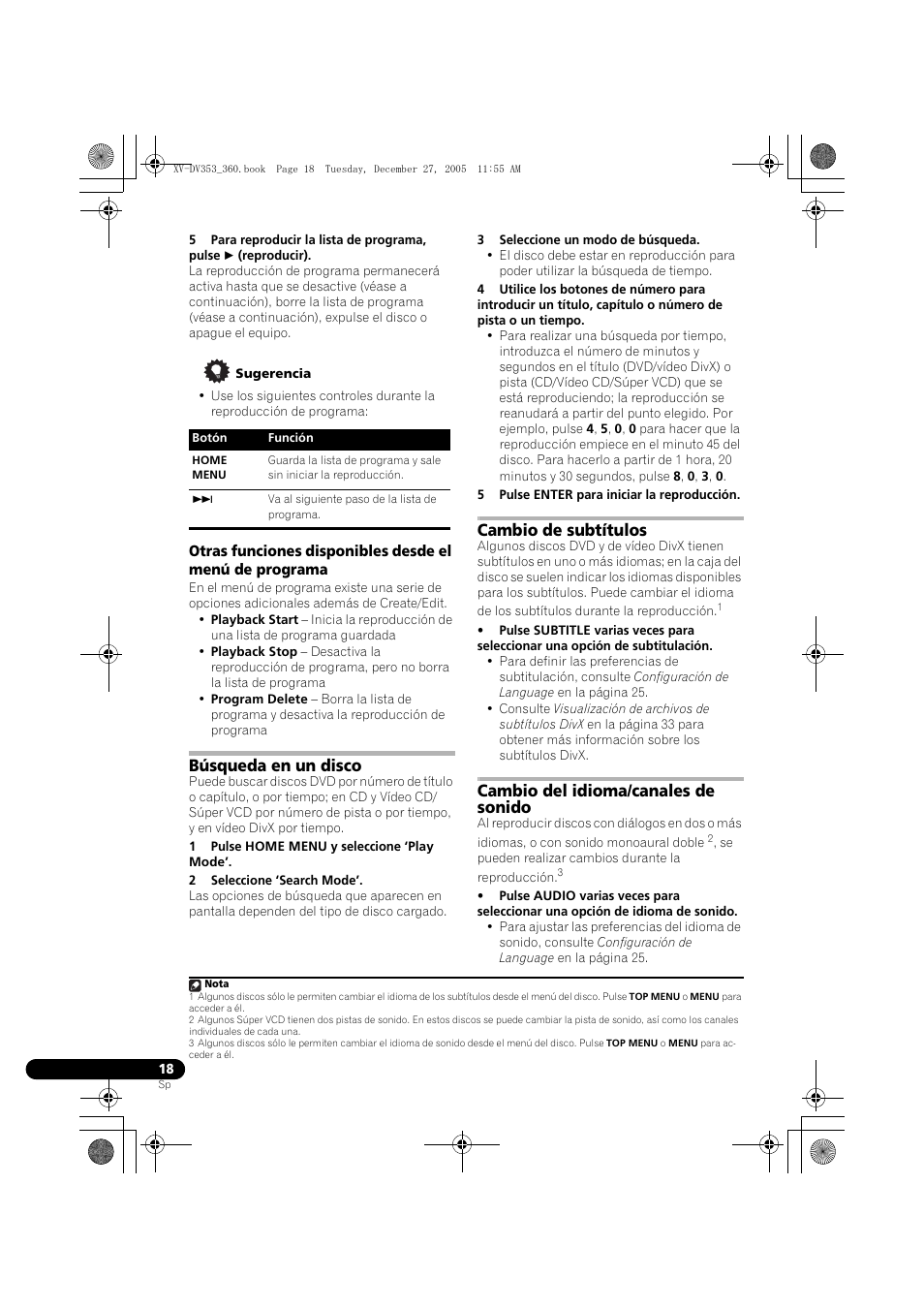 Búsqueda en un disco, Cambio de subtítulos, Cambio del idioma/canales de sonido | Pioneer DCS-360 User Manual | Page 102 / 128