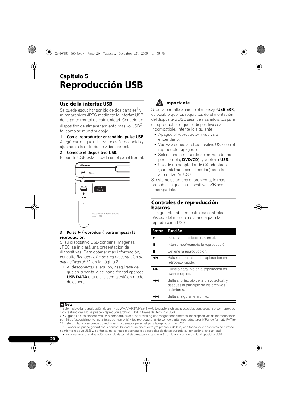 05 reproducción usb, Uso de la interfaz usb, Controles de reproducción básicos | Reproducción usb, Capítulo 5 | Pioneer DCS-360 User Manual | Page 104 / 128