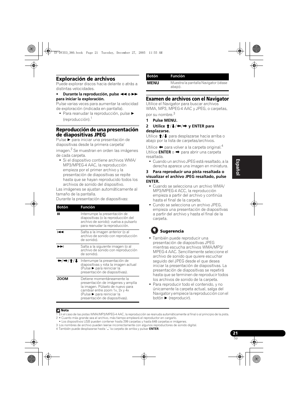 Exploración de archivos, Examen de archivos con el navigator | Pioneer DCS-360 User Manual | Page 105 / 128