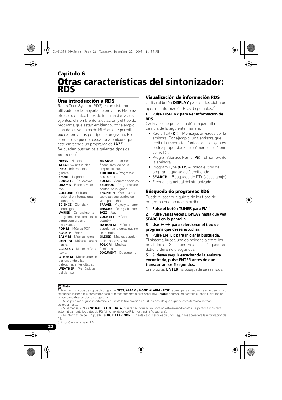 06 otras características del sintonizador: rds, Una introducción a rds, Visualización de información rds | Búsqueda de programas rds, Otras características del sintonizador: rds, Capítulo 6 | Pioneer DCS-360 User Manual | Page 106 / 128