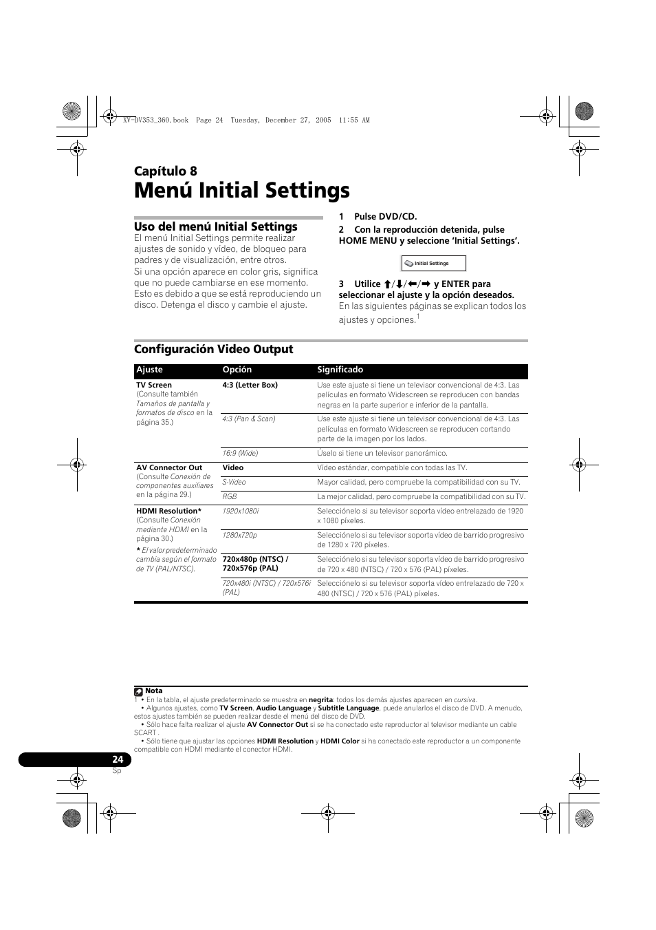 08 menú initial settings, Uso del menú initial settings, Configuración video output | Menú initial settings, Capítulo 8 | Pioneer DCS-360 User Manual | Page 108 / 128