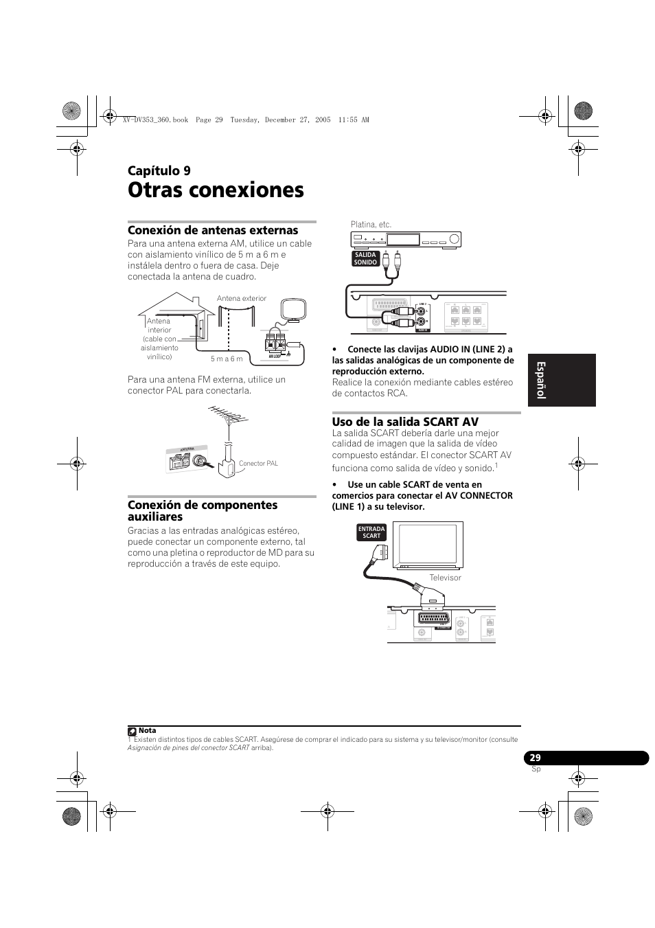 09 otras conexiones, Conexión de antenas externas, Conexión de componentes auxiliares | Uso de la salida scart av, Otras conexiones, Capítulo 9, Nederlands italiano español, Front surround | Pioneer DCS-360 User Manual | Page 113 / 128