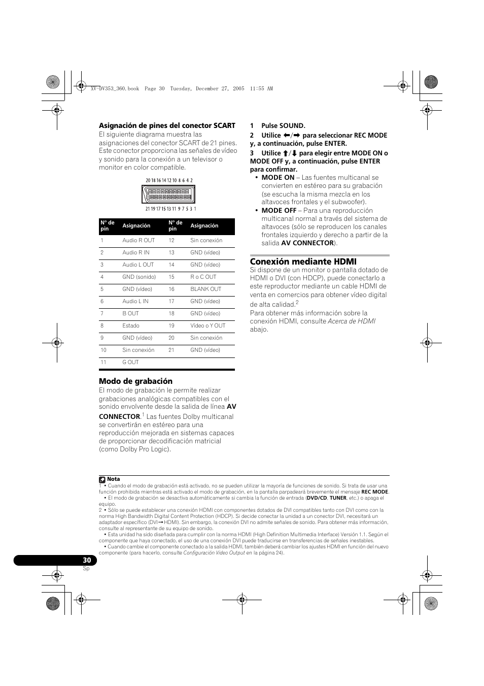 Modo de grabación, Conexión mediante hdmi | Pioneer DCS-360 User Manual | Page 114 / 128