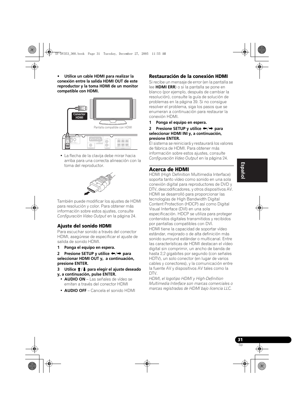Ajuste del sonido hdmi, Restauración de la conexión hdmi, Acerca de hdmi | Nederlands italiano español, Front center surround sub woofer | Pioneer DCS-360 User Manual | Page 115 / 128