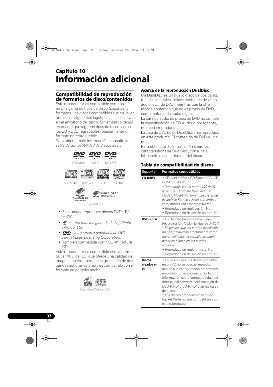 10 información adicional, Tabla de compatibilidad de discos, Información adicional | Capítulo 10 | Pioneer DCS-360 User Manual | Page 116 / 128