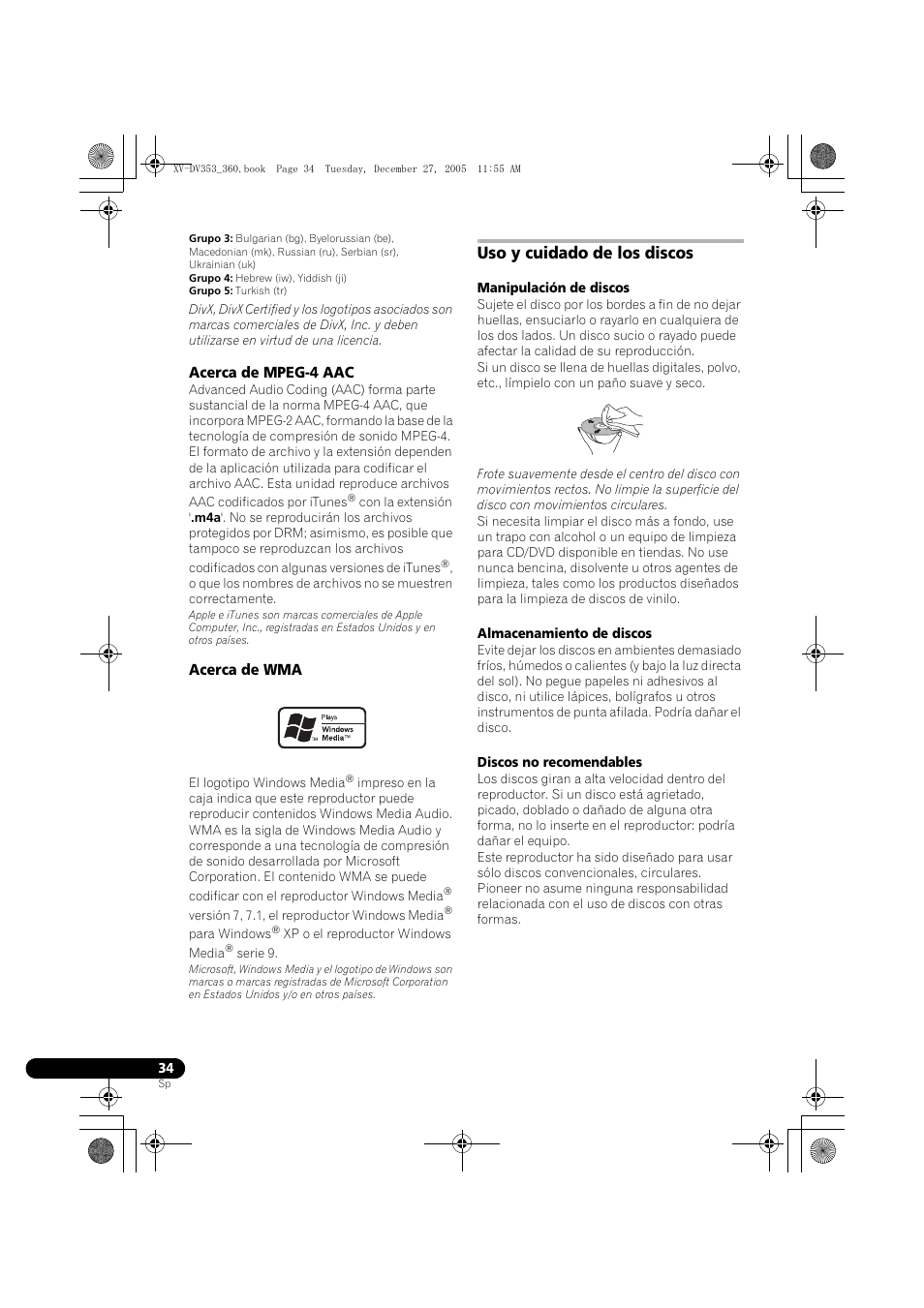 Acerca de mpeg-4 aac, Acerca de wma, Uso y cuidado de los discos | Pioneer DCS-360 User Manual | Page 118 / 128