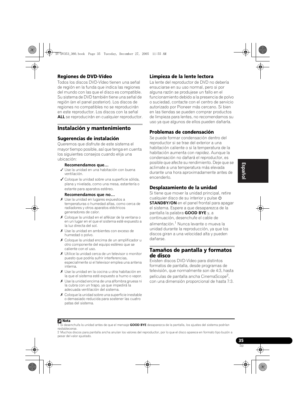 Regiones de dvd-vídeo, Instalación y mantenimiento, Sugerencias de instalación | Limpieza de la lente lectora, Problemas de condensación, Desplazamiento de la unidad, Tamaños de pantalla y formatos de disco | Pioneer DCS-360 User Manual | Page 119 / 128