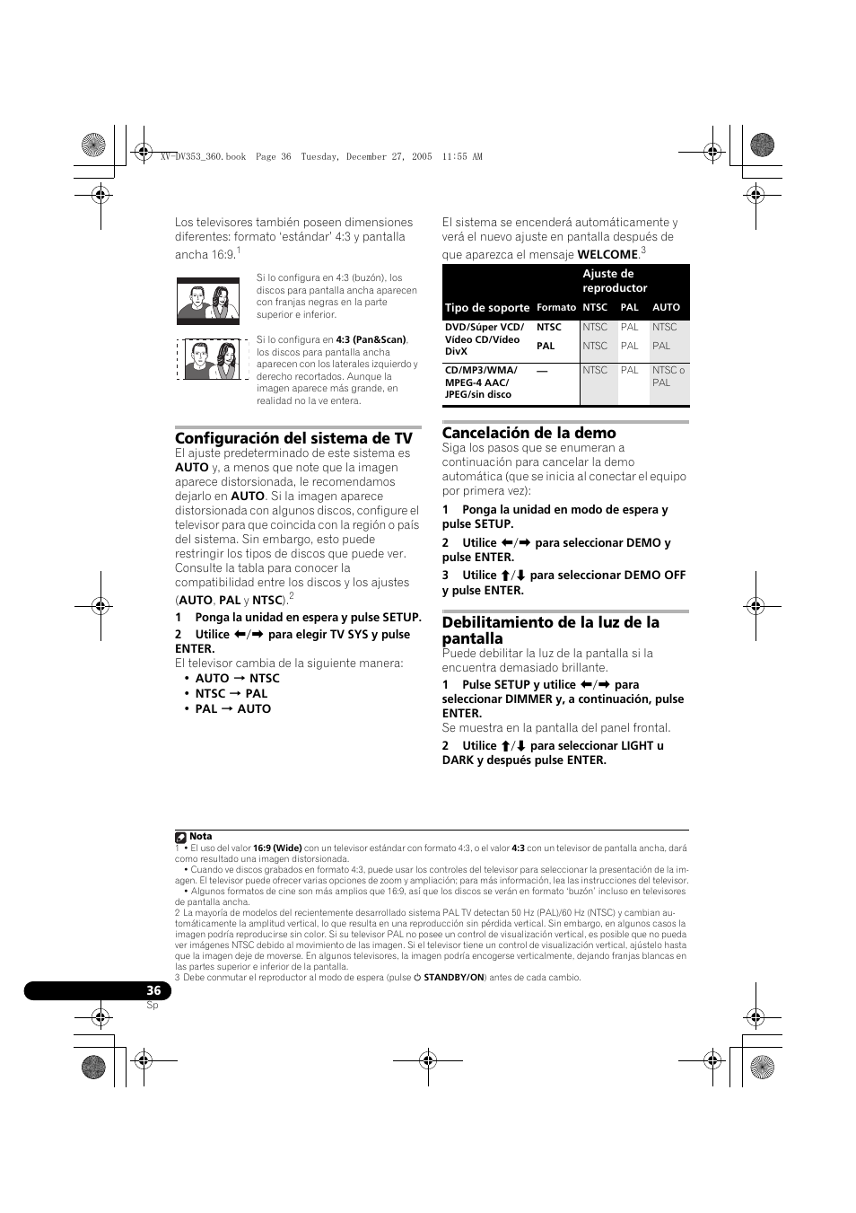 Configuración del sistema de tv, Cancelación de la demo, Debilitamiento de la luz de la pantalla | Pioneer DCS-360 User Manual | Page 120 / 128