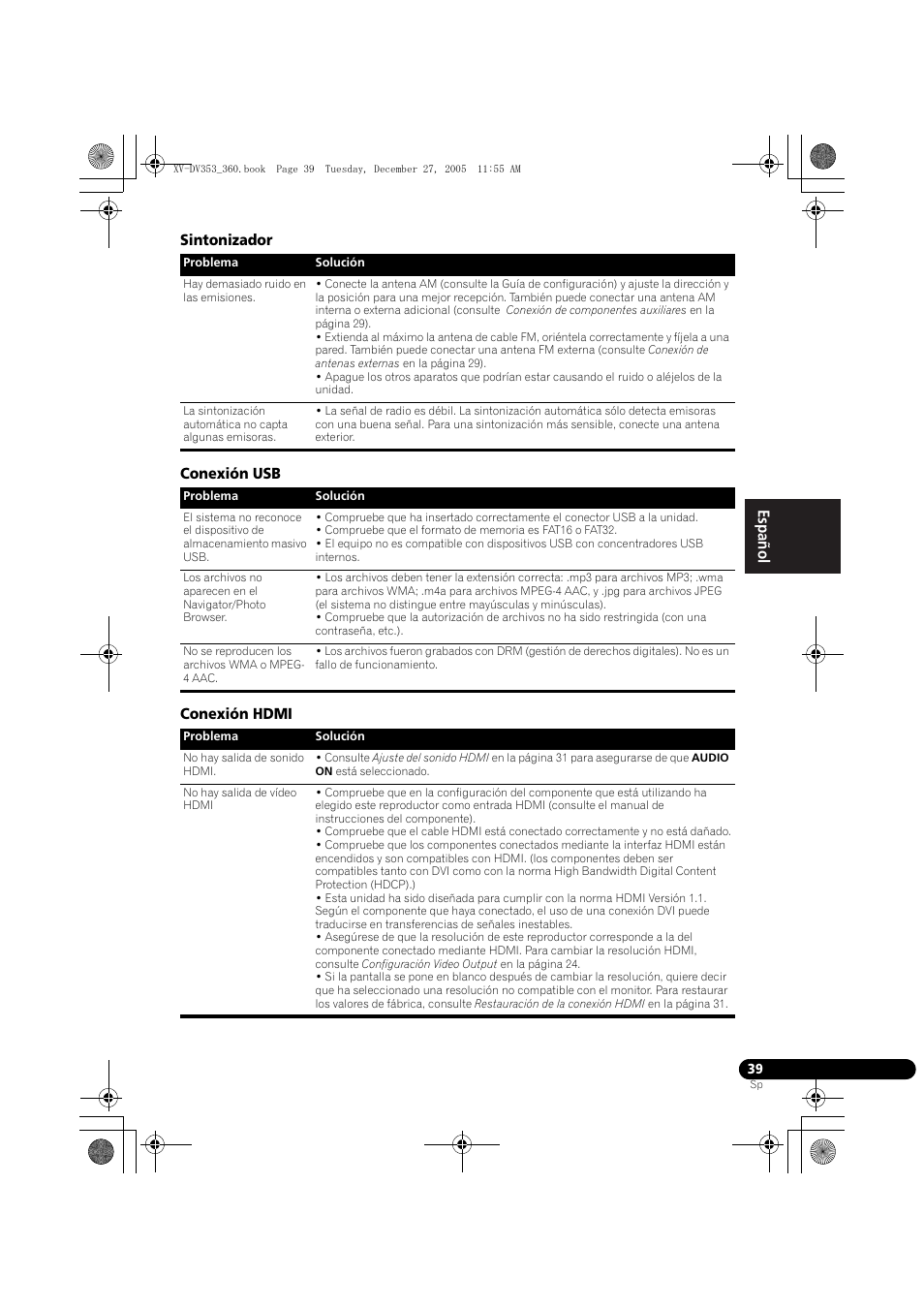 Sintonizador, Conexión usb, Conexión hdmi | Pioneer DCS-360 User Manual | Page 123 / 128