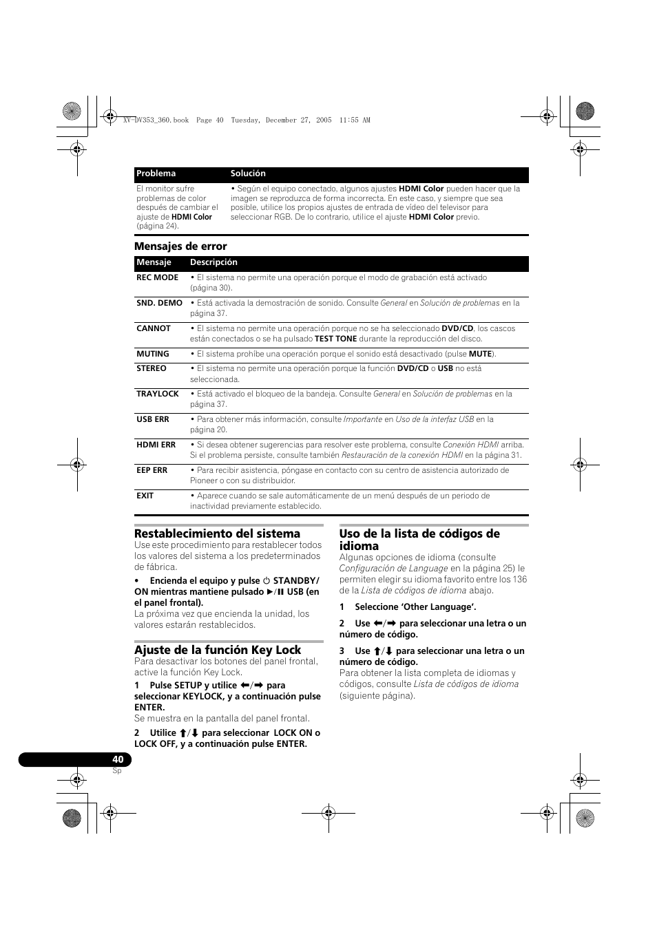 Mensajes de error, Restablecimiento del sistema, Ajuste de la función key lock | Uso de la lista de códigos de idioma | Pioneer DCS-360 User Manual | Page 124 / 128