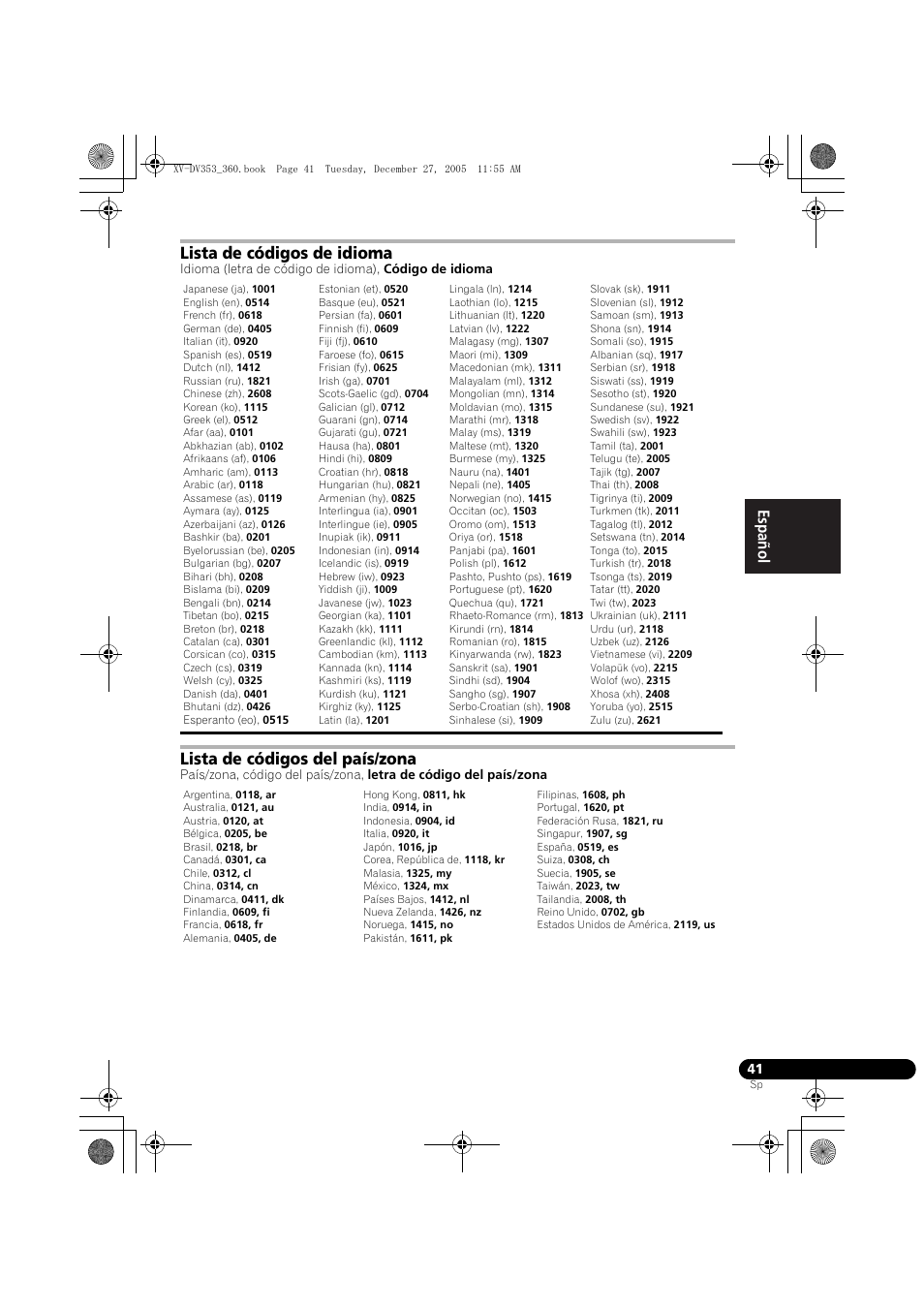 Lista de códigos de idioma, Lista de códigos del país/zona, Nederlands italiano español | Pioneer DCS-360 User Manual | Page 125 / 128