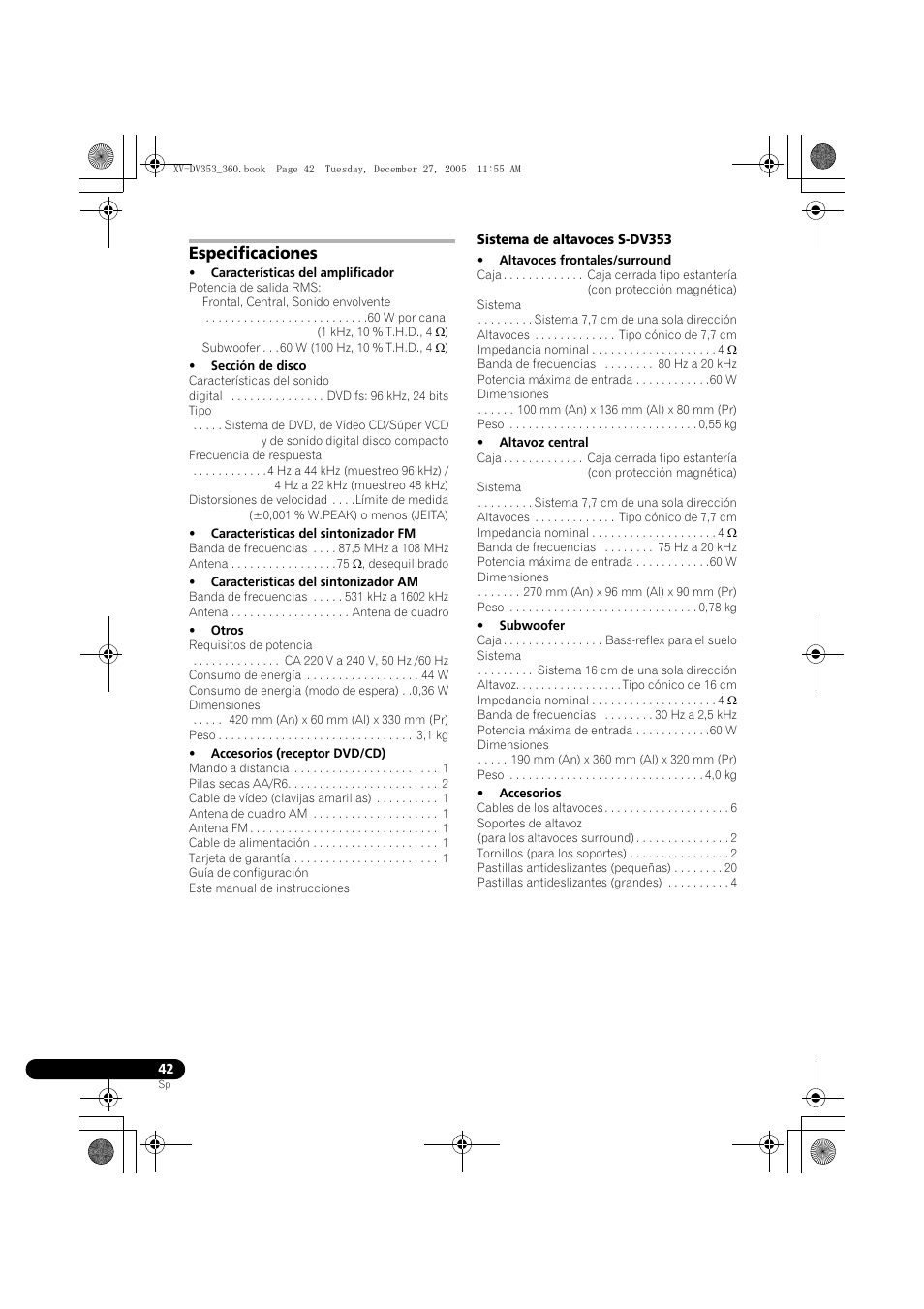 Especificaciones | Pioneer DCS-360 User Manual | Page 126 / 128